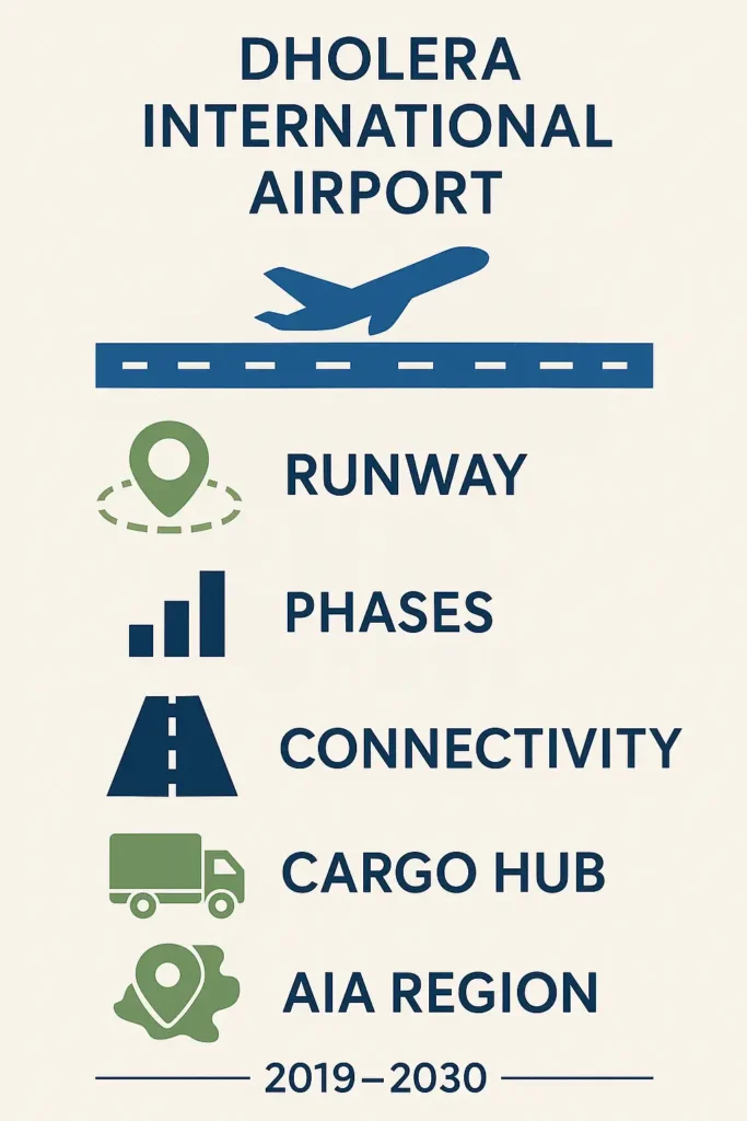 Infographic illustrating Dholera International Airport's runway, phases, connectivity, cargo hub, AIA region, and a development timeline from 2019 to 2030, using modern vector graphics.