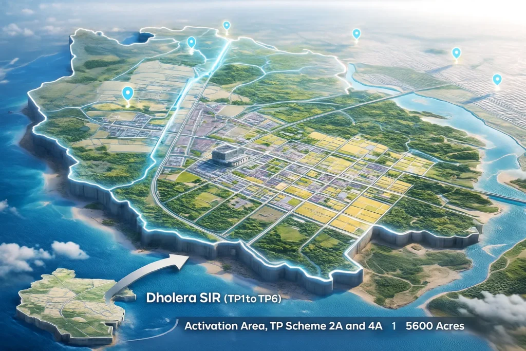 Dholera Activation Area map showing early development zone layout, road network, industrial plots, utilities, and key infrastructure locations
