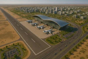 Aerial view of the under-construction Dholera International Airport, a major development in the Dholera smart city project in Gujarat.