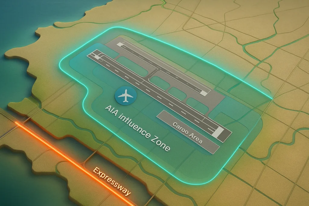 3D detailed hybrid map of Dholera International Airport showing runway alignment, cargo area, AIA influence zone, and expressway connection.