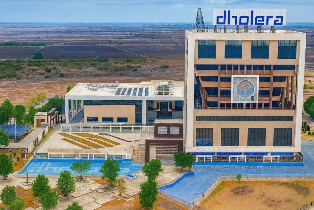 ABCD Building, the central administrative and command center of Dholera SIR, featuring modern, green architectural design.