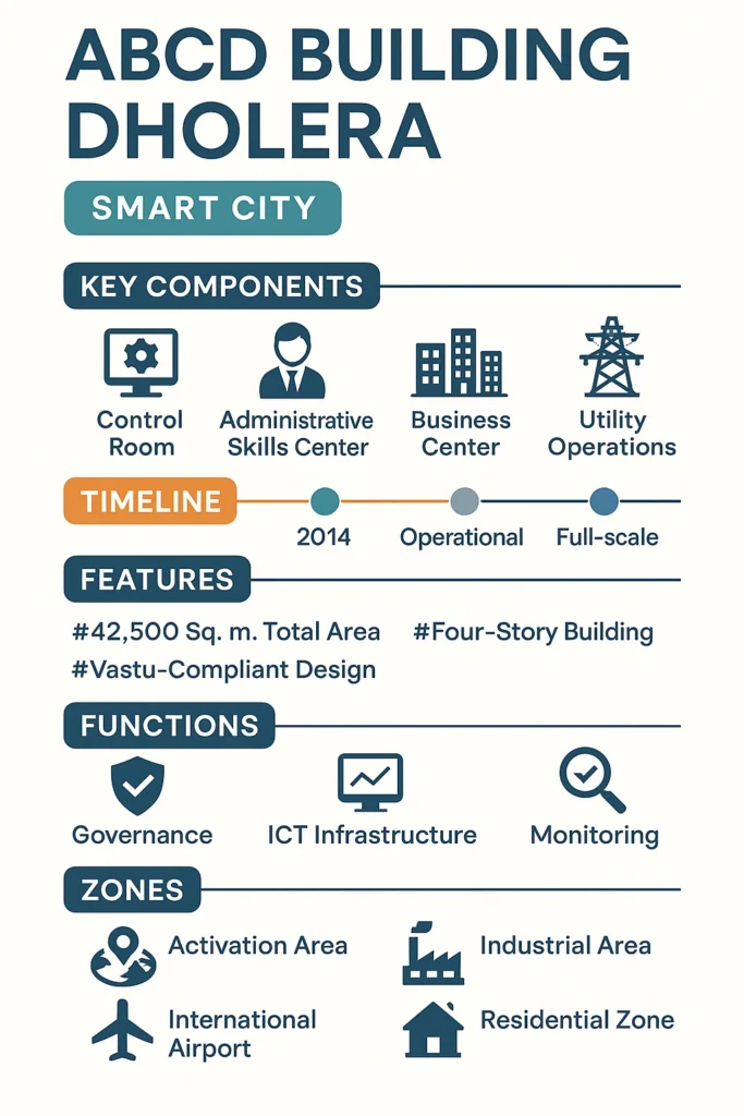 Infographic: Vertical layout showcasing Dholera's ABCD Building with sections on its key components, timeline, features, functions, and connected smart city zones using modern, minimal design.