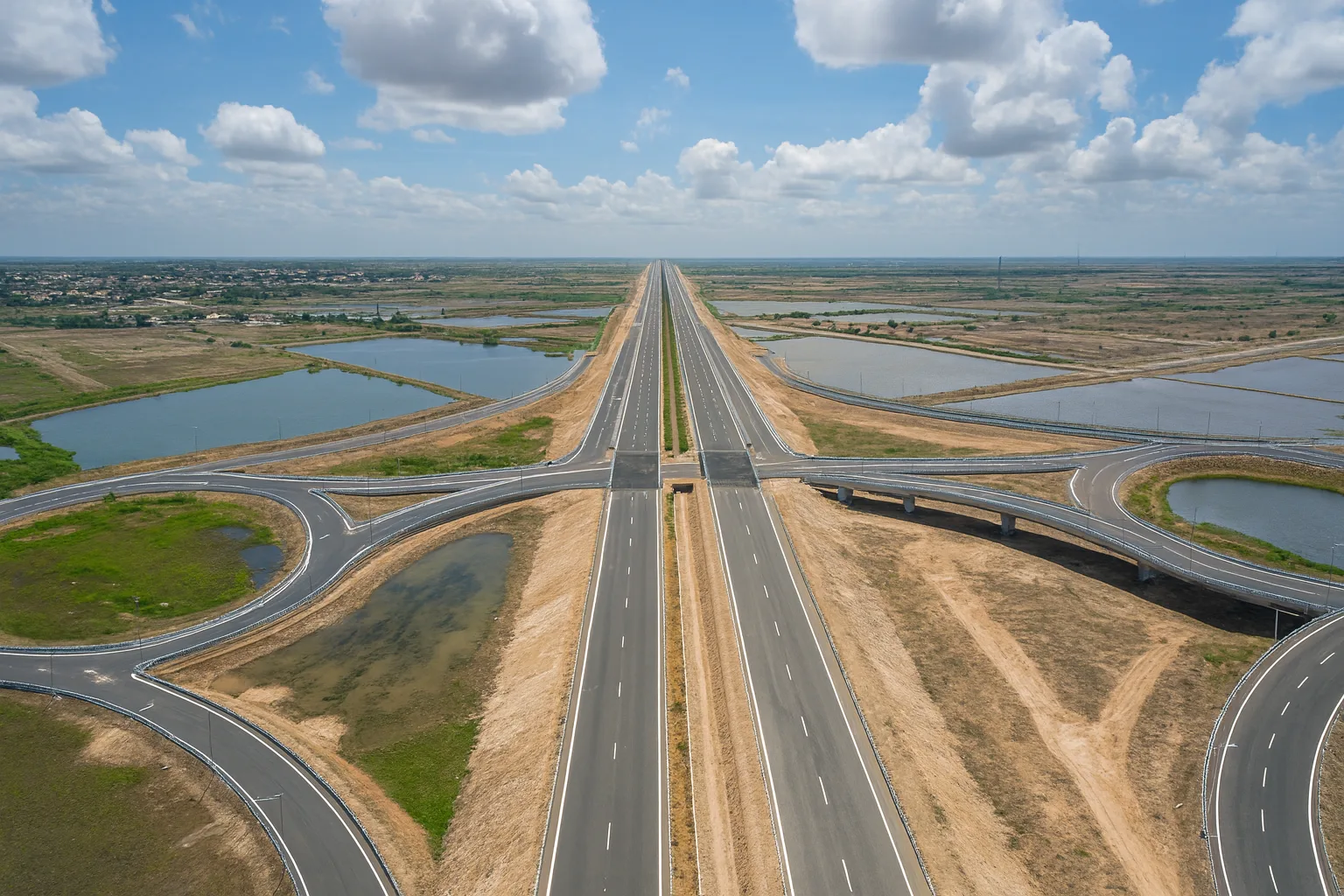 Aerial digital map of the Ahmedabad-Dholera Expressway in Gujarat, showing the 109 km route connecting Sarkhej (Ahmedabad) to Adhelai (Bhavnagar) via the Dholera SIR and the Dholera International Airport. The map clearly outlines the expressway's alignment, major interchanges, and its role as the backbone for Dholera Smart City development.