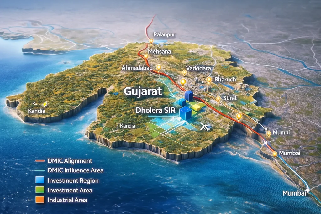 Dholera Gujarat map showing Dholera SIR location on Gujarat state map with nearby cities and road connectivity