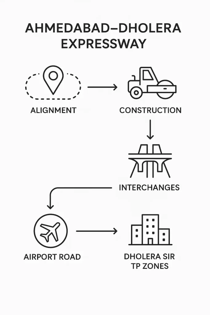 Minimal vector flowchart showing the Ahmedabad-Dholera Expressway process flow with alignment, construction, interchanges, airport road, and Dholera SIR TP zones