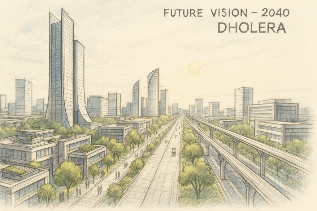 Conceptual city rendering showing Dholera's planned future vision for 2040, including modern skyscrapers, large green spaces, and integrated smart infrastructure.