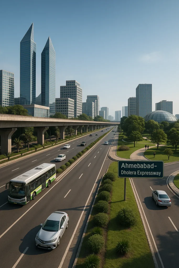 4K realistic cinematic view of Ahmedabad–Dholera Expressway with modern buildings, green landscaping, vehicles, and elevated metro track in a futuristic smart city environment