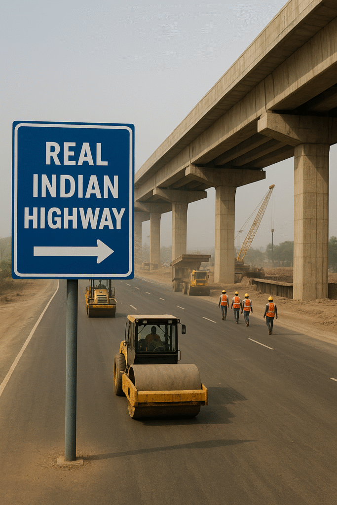 A real Indian highway under construction with flyover, workers, road roller, dump trucks, and heavy machinery on site