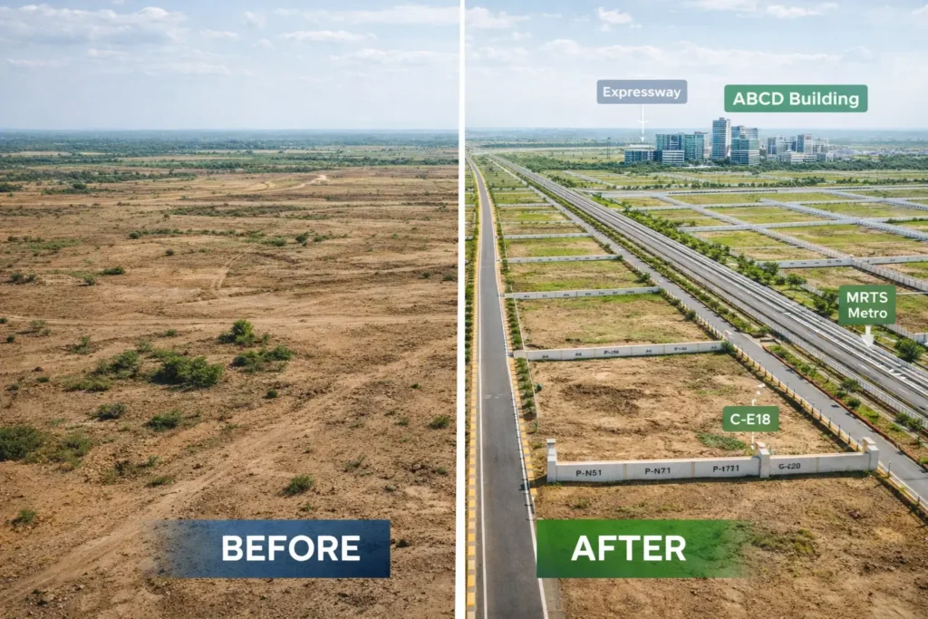 Before and after comparison of Dholera Smart City showing development progress, expressway, MRTS metro, and planned plots for dholera investment.