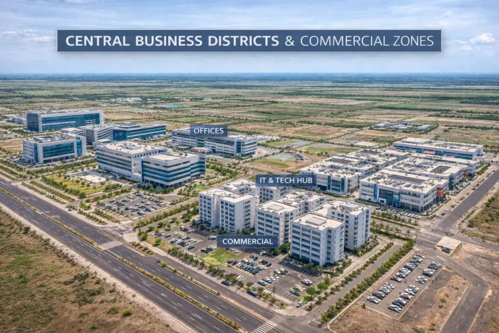 Aerial photograph of central business districts and commercial zones in Dholera Smart City Gujarat with offices, IT hubs, and commercial buildings.