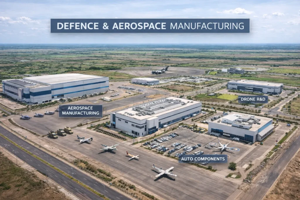 High-tech rendering of the Defence and Aerospace Manufacturing cluster in Dholera Smart City Gujarat, featuring aircraft hangars and industrial units.