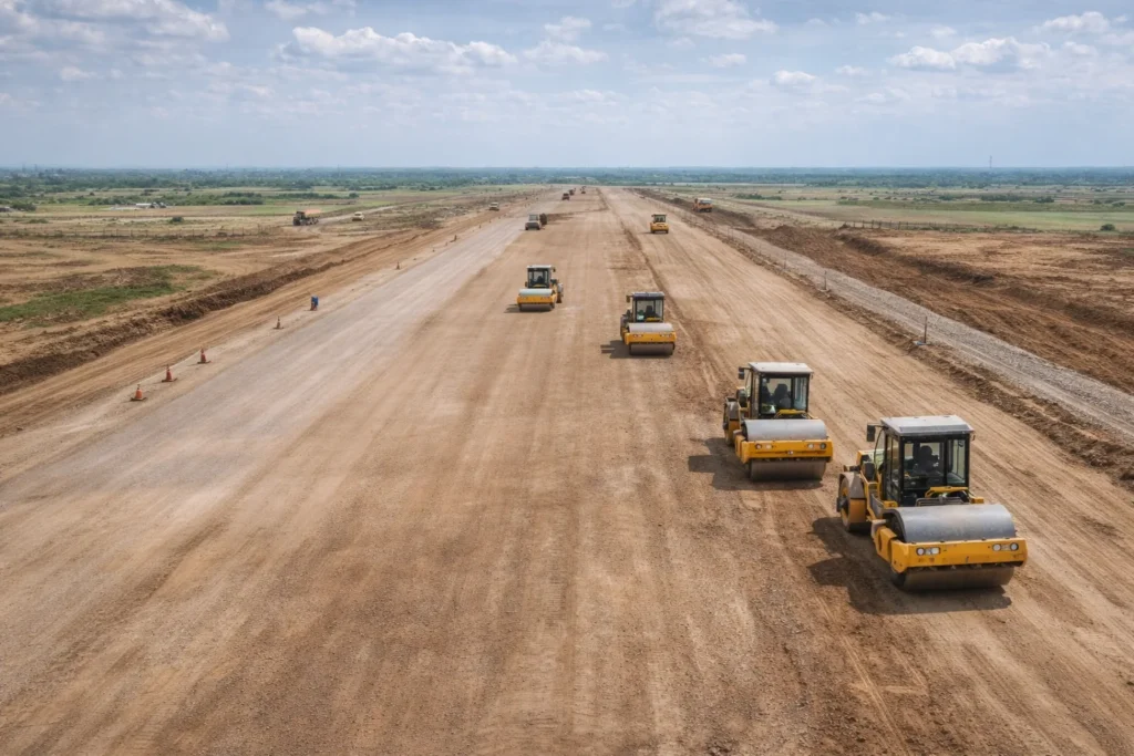 Wide internal roads and 10-lane expressway infrastructure under the Dholera smart city project in Gujarat.