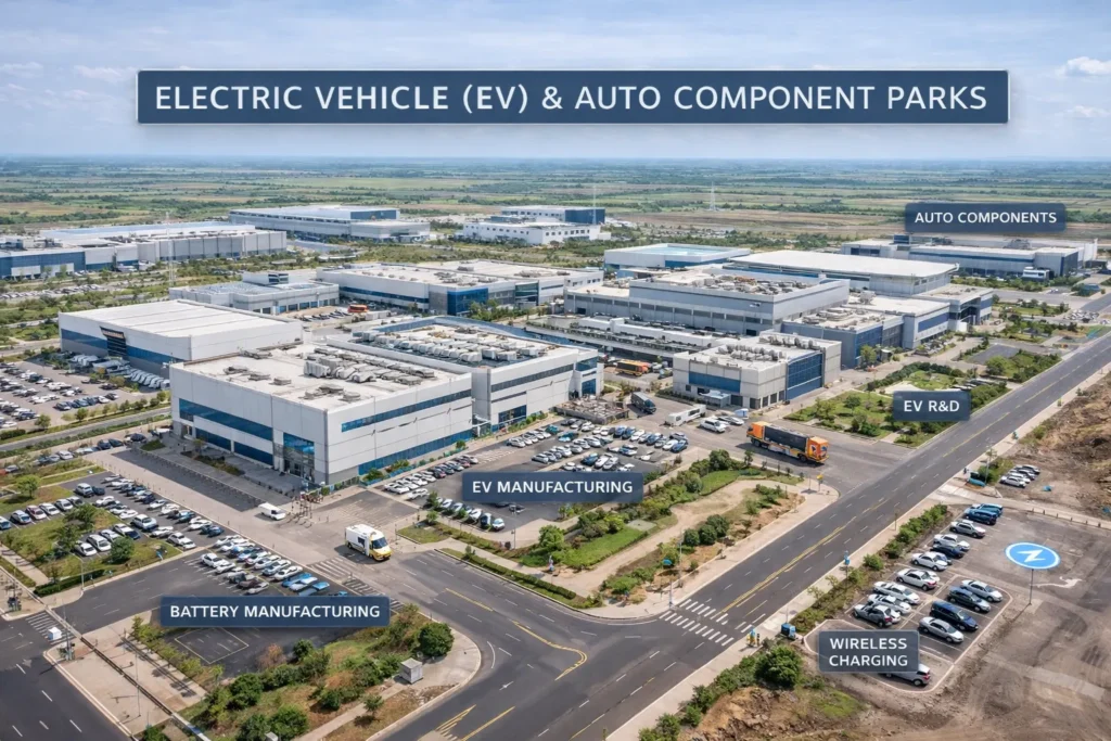 Modern industrial park layout for Electric Vehicle (EV) and auto component manufacturing in Dholera Smart City Gujarat, featuring wide roads and utility infrastructure.