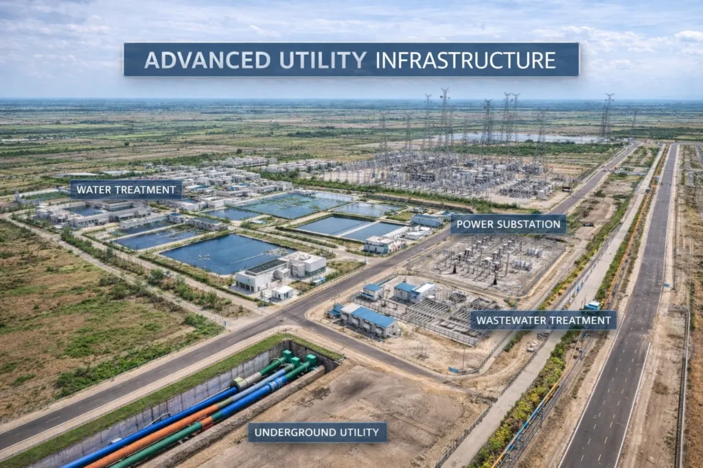 Aerial photograph of advanced utility infrastructure in Dholera Smart City Gujarat with power substation, water treatment, and underground utilities.
dholera projects