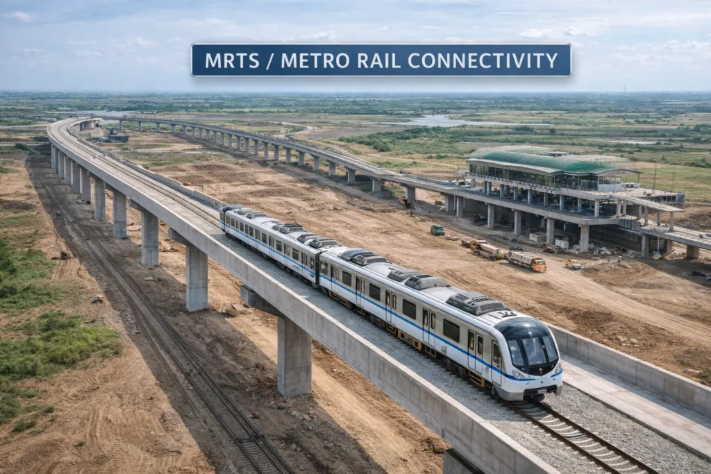 Conceptual layout and route map of the planned Metro Rail and MRTS connectivity for Dholera smart city project in Gujarat.