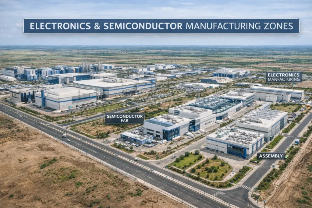 Industrial landscape and master plan of the Electronics and Semiconductor Manufacturing Zone within the Dholera Smart City project, Gujarat.
