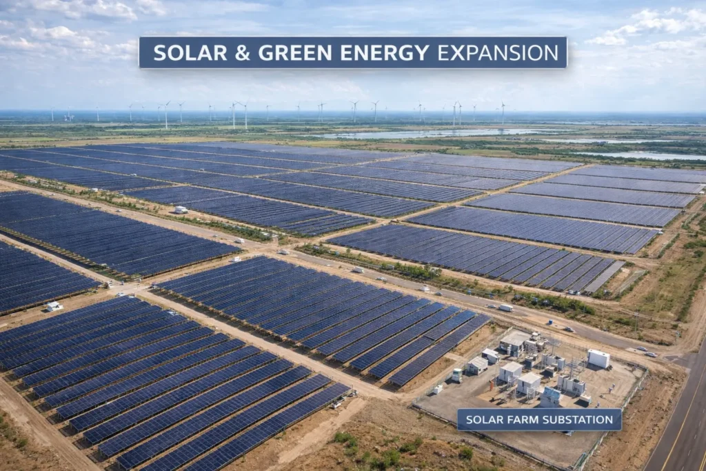 Aerial photograph of solar and green energy expansion in Dholera Smart City Gujarat, showing renewable infrastructure development in Dholera city Gujarat.