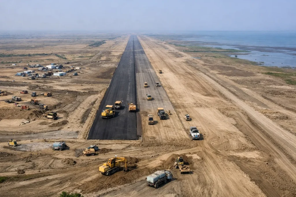 Aerial drone view of Dholera International Airport runway construction showing machinery and coastal land in Gujarat – dholera smart city news and latest news of dholera sir 2026 update.