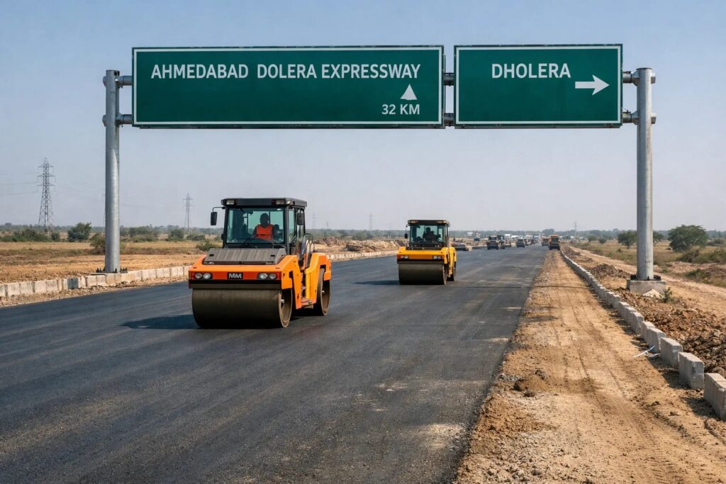 Ahmedabad-Dholera Expressway under construction with road rollers and highway signboards in Gujarat landscape – dholera smart city latest update