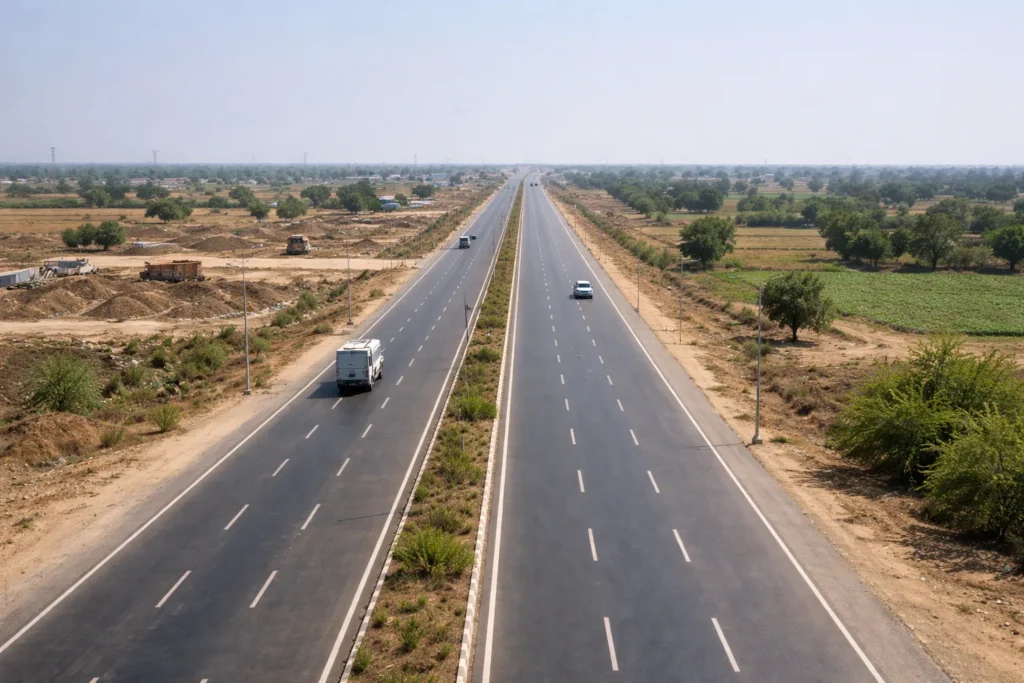 Wide road development in Dholera Smart City Gujarat showing infrastructure progress that impacts Dholera land price, Dholera plot price and residential plot in Dholera SIR investment growth.