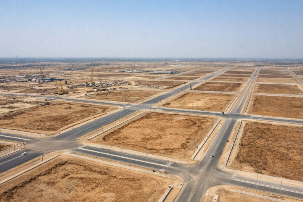 Aerial drone view of Dholera Smart City Gujarat showing wide grid roads, early-stage infrastructure development and industrial construction area in 2026