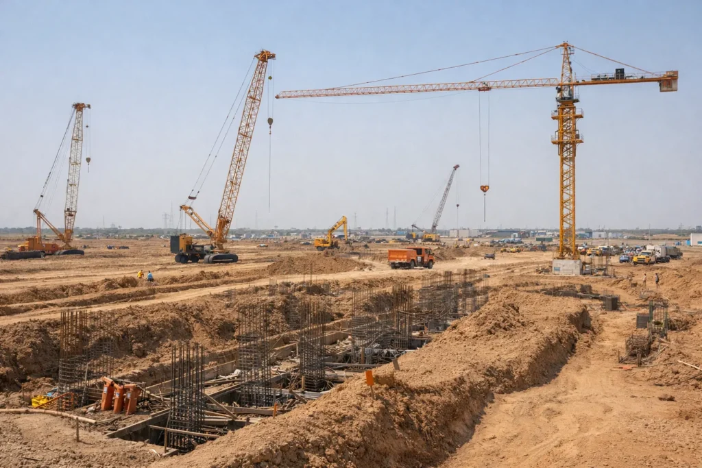Foundation work and cranes at semiconductor plant construction site in Dholera Smart City Gujarat – large industrial development project
