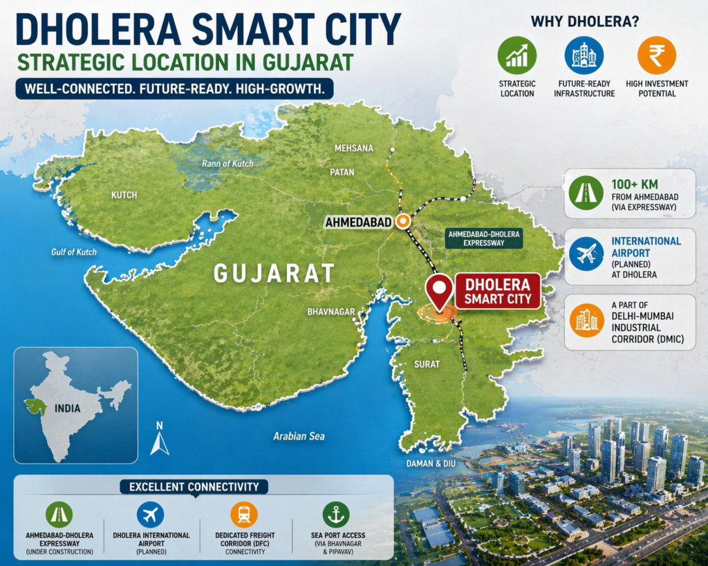 Map of Gujarat showing Dholera Smart City location near Ahmedabad with connectivity and infrastructure highlights