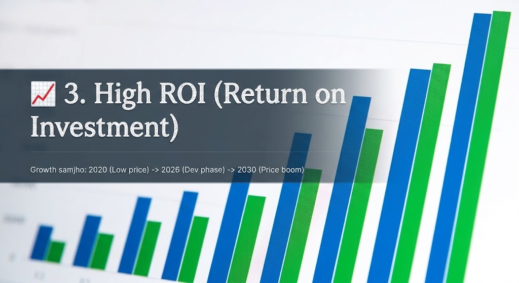 Dholera investment me growth graph infographic, shows High ROI (Return on Investment) potential with time periods 2020 to 2030 and price boom indicator.