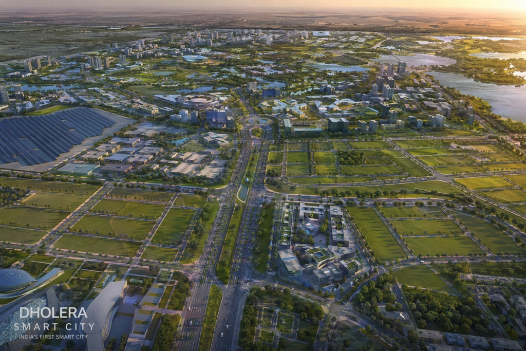 Futuristic skyline of Dholera Smart City with highways and modern infrastructure at night