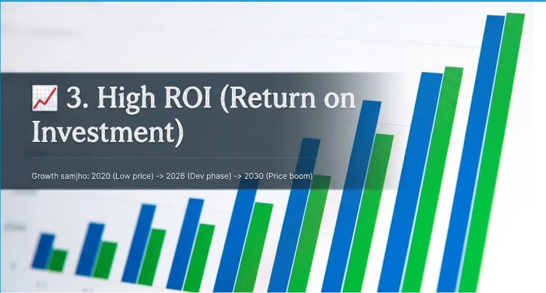 Dholera investment me growth graph infographic, shows High ROI (Return on Investment) potential with time periods 2020 to 2030 and price boom indicator.