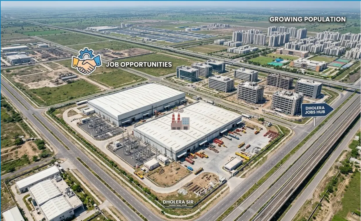 Aerial view of Dholera SIR industrial zone showing large factories, manufacturing hubs, and upcoming job opportunities in the smart city.