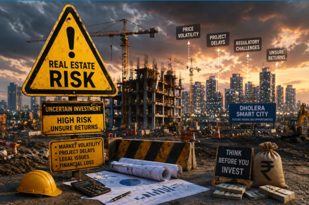 Dholera Smart City Safe Investment or Scam Dholera Smart City Safe Investment or Scam Real estate risk concept with warning sign and construction site near Dholera Smart City