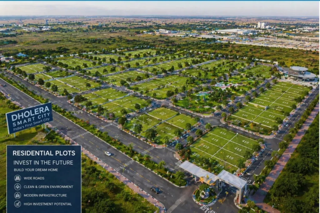 Residential plots layout in Dholera Smart City with roads and green surroundings