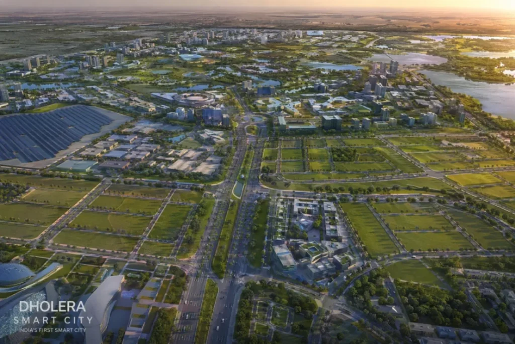 Futuristic skyline of Dholera Smart City with highways and modern infrastructure at night