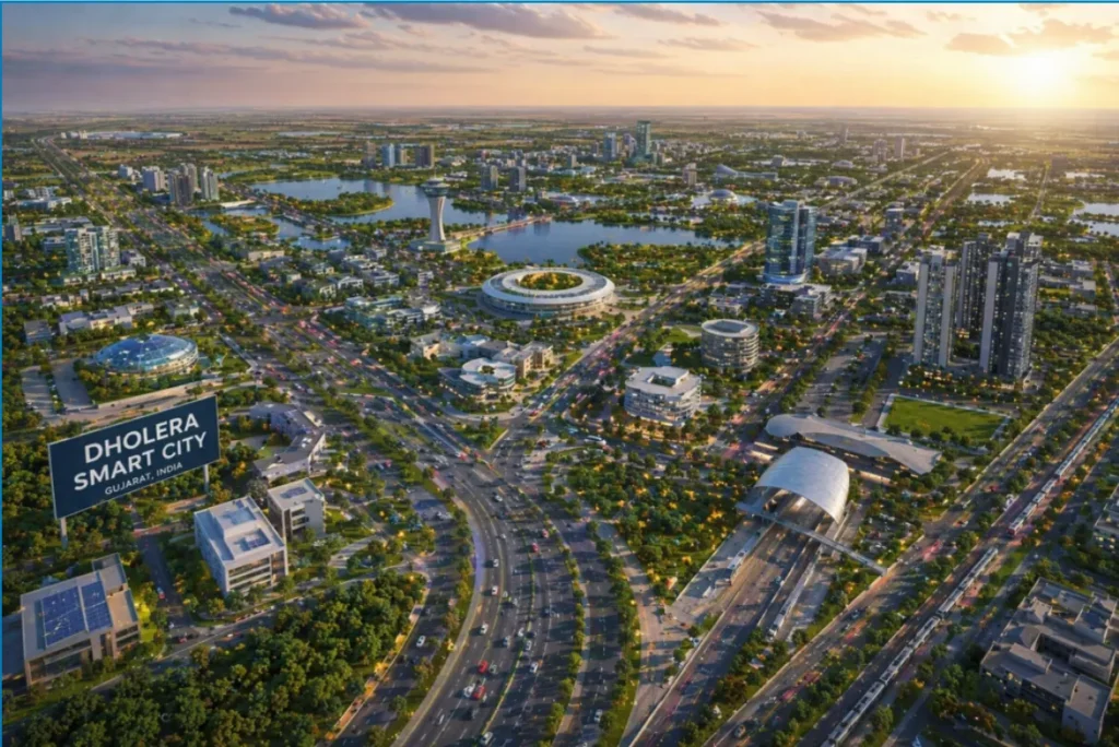 Futuristic Dholera Smart City Gujarat aerial view with highways and green infrastructure
