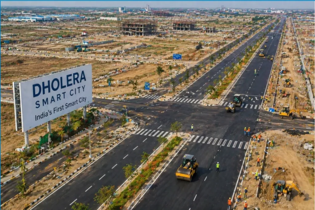 Dholera Smart City infrastructure development with wide roads and construction work