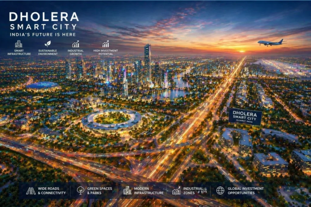 Dholera Smart City future skyline with highways and glowing city lights