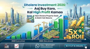 Dholera investment me growth graph infographic, shows High ROI (Return on Investment) potential with time periods 2020 to 2030 and price boom indicator.