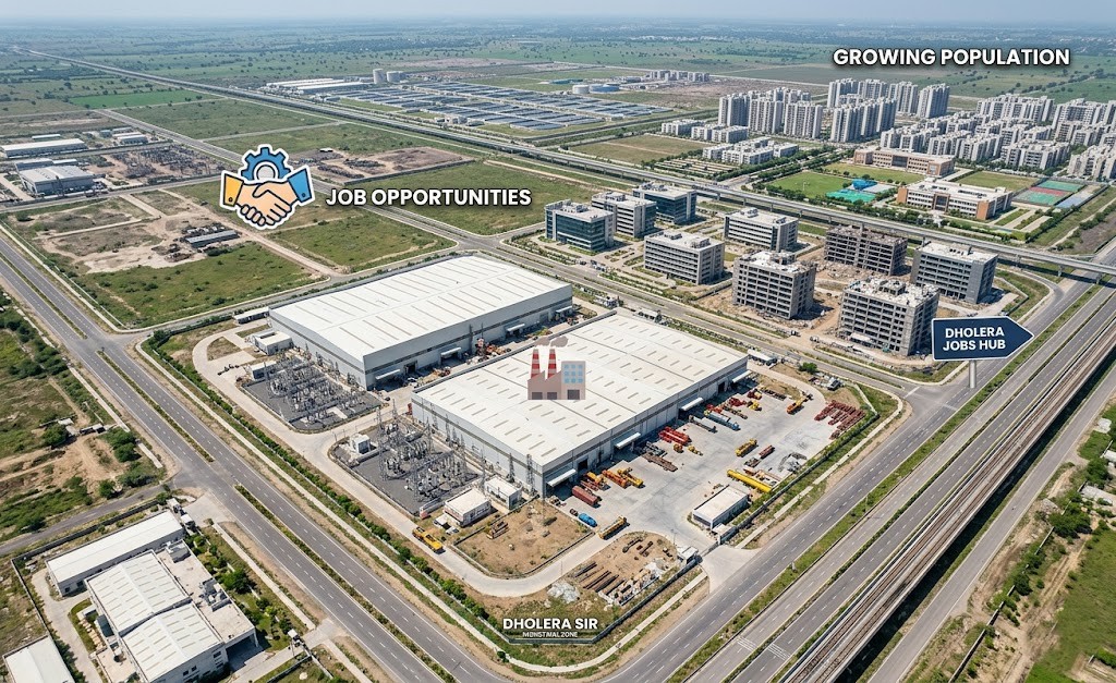 Aerial view of Dholera SIR industrial zone showing large factories, manufacturing hubs, and upcoming job opportunities in the smart city.