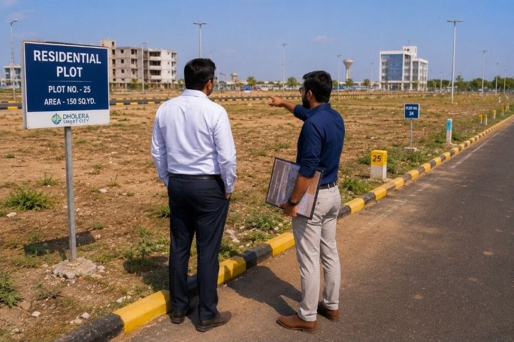 Investor visiting plot site in Dholera Smart City
